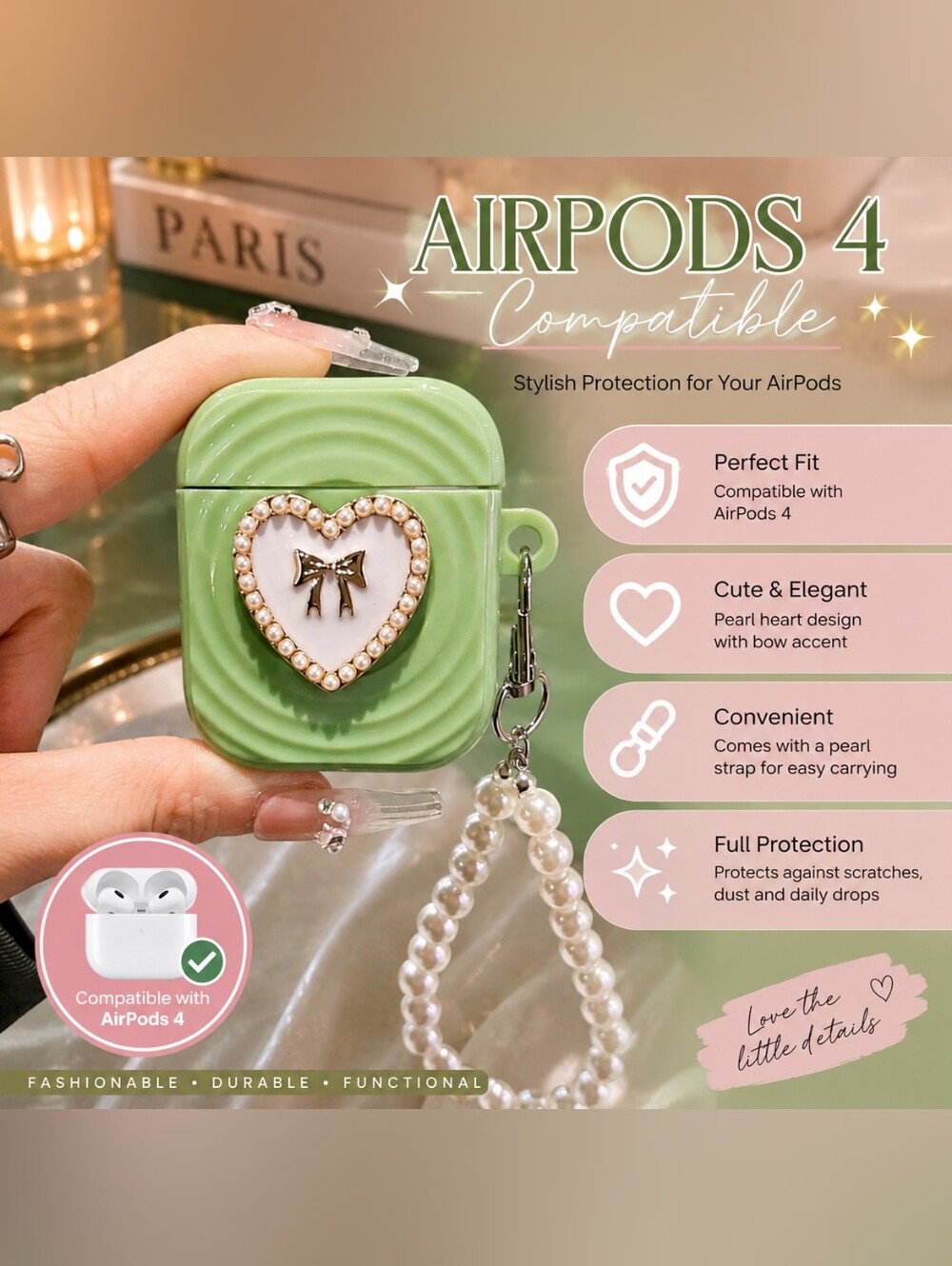 CASE COVER — Green Pearl Heart Protective Case COMPATIBLE With AIRPODS 4